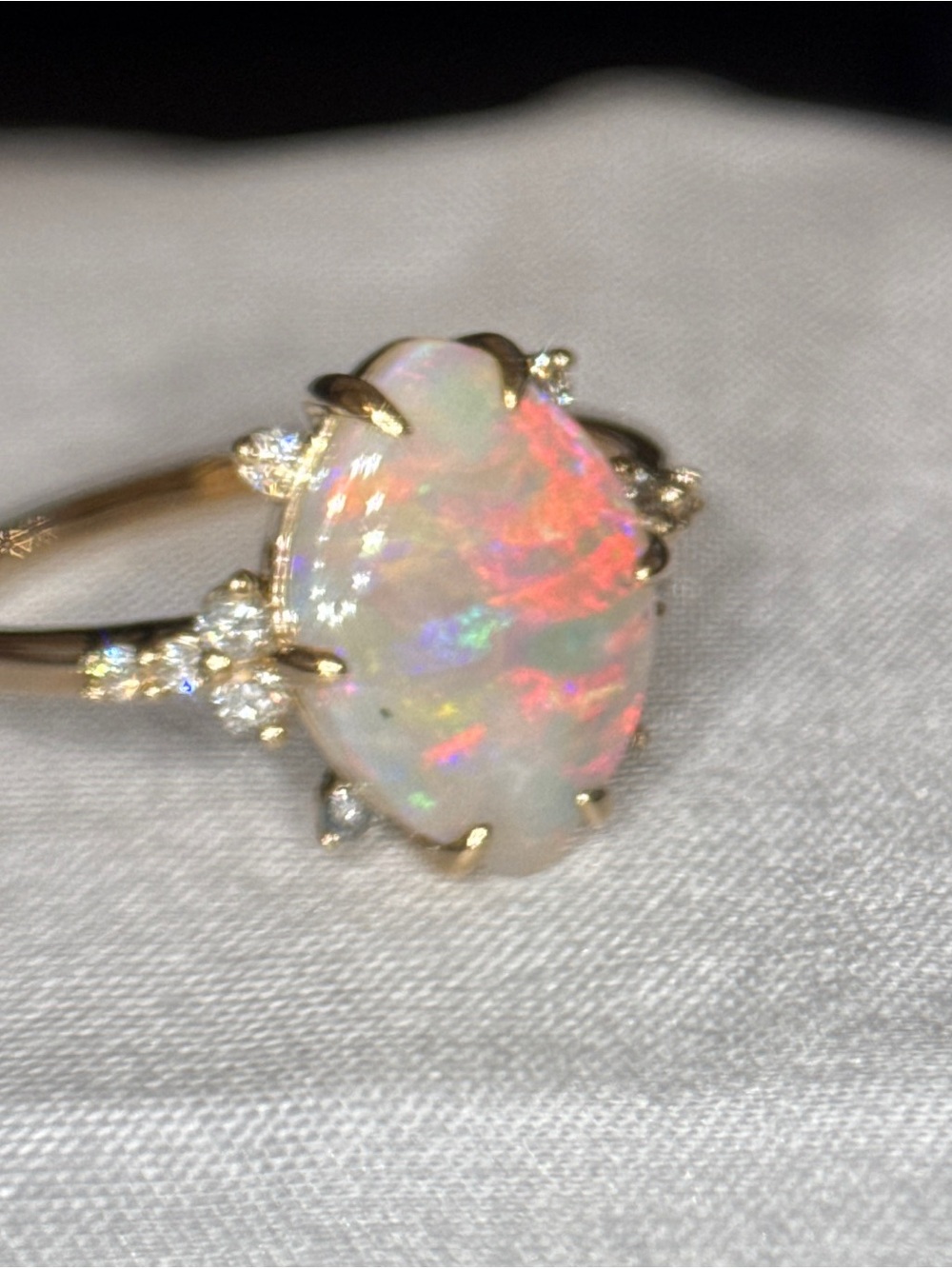 Australian Opal and Diamond Halo Ring in 14k Yellow Gold - Iridescent Opal - Picture 3 of 12